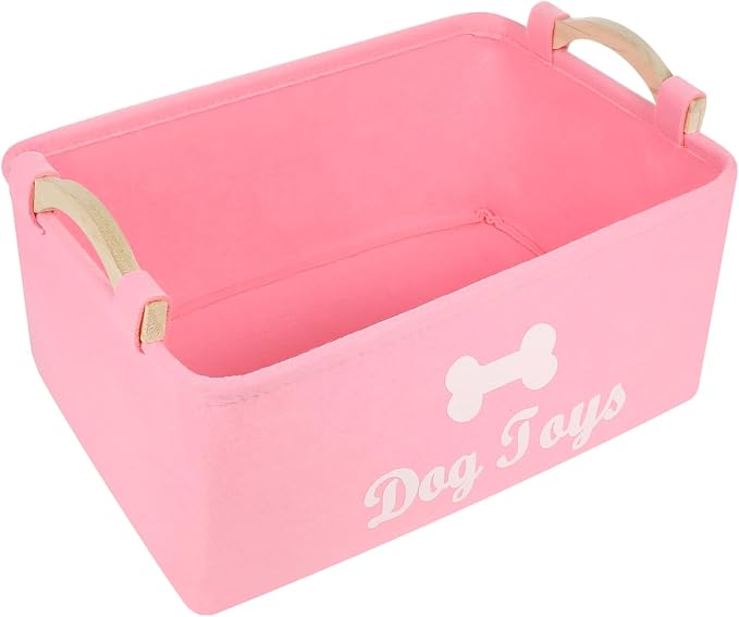 Ipetboom Large Pink Felt Dog Storage Box with Handle Spacious Pet Organizer for Treats Collars Blankets and Accessories Compact and Portable Basket for Home Use