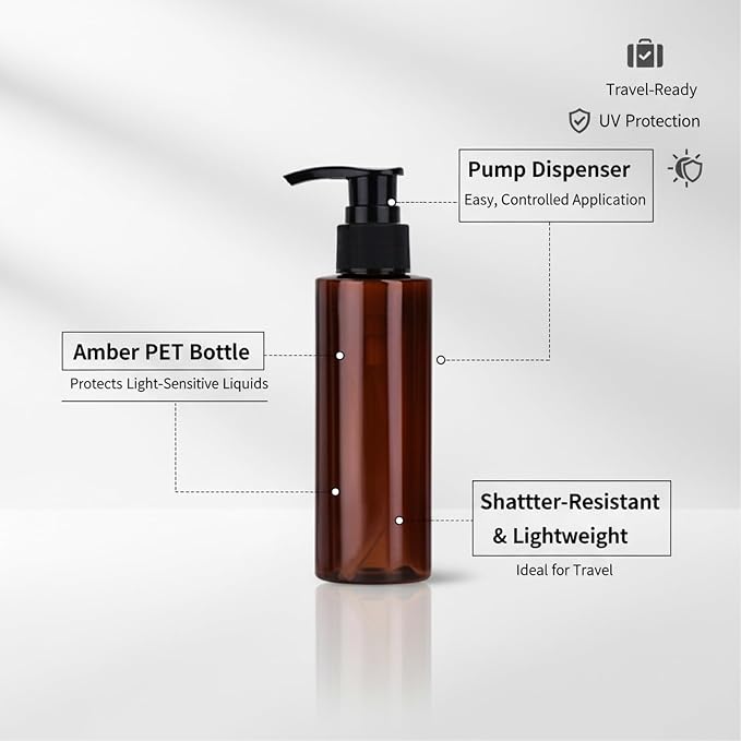 Amber PET Lotion Pump Bottle, Durable Refillable Dispenser for Travel & Shower, Black Finish (1 Count)