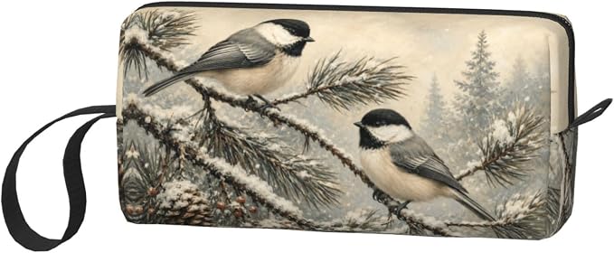Chickadee Pair on Snowy Pine Makeup Bag for Women, Cosmetic Pouch | Double-Sided Winter Chickadee Cosmetic Organizer with Foam Padding for Women, Travel, Gym, School, and Daily Storage
