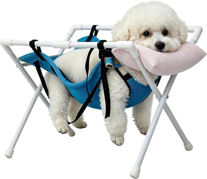Dog Grooming Hammock Frame - Bath Chair | Foldable Support Stool for Pet | 61x35x42cm | Washable Mesh Restraint Stand | Heavy-Duty Bath Stool With Pink Pillow For Small Medium Breed Dog, Puppy, Cat