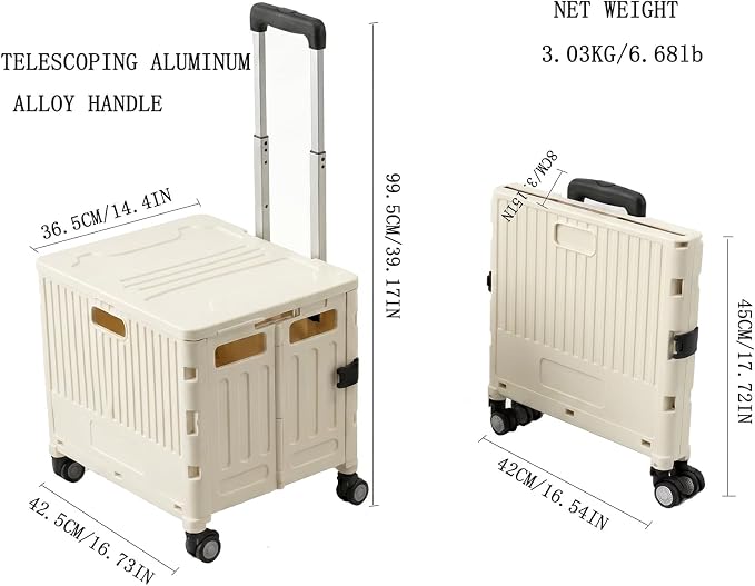 Foldable Rolling Storage Crate with Lid, Telescopic Handle & 4 Wheels, Portable Camping Shopping Box