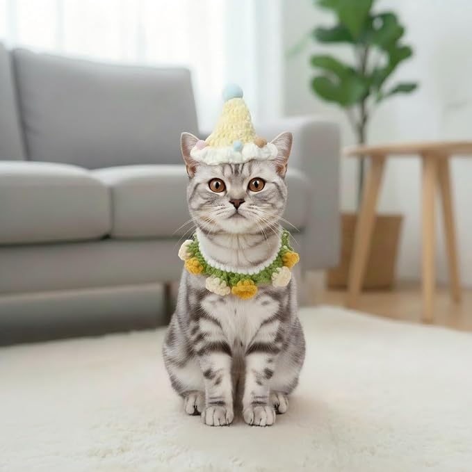 Handmade Knit Cat Outfit – Adjustable Birthday Hat & Floral Wreath Dog Costume for Dogs and Cats, Cute Photo Cat Costume for Party, Holiday, Daily Wear