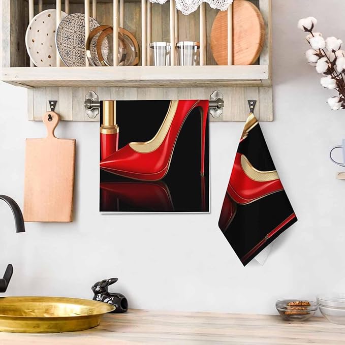 Modern Fashion Women Waffle Kitchen Dish Cloths Black Red High Heels Big Red Shoe Lipstick Ultra Soft Absorbent Quick Drying Dish Towels 16 X 24 Inches Set of 2