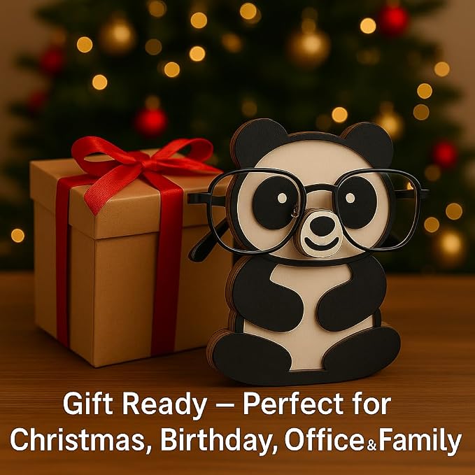 Panda Eyeglass Holder Stand, Wooden Glasses Organizer for Desk Decor | Cute animal glasses holder for eyeglasses and sunglasses, wooden panda desk organizer for nightstand, office or gifting