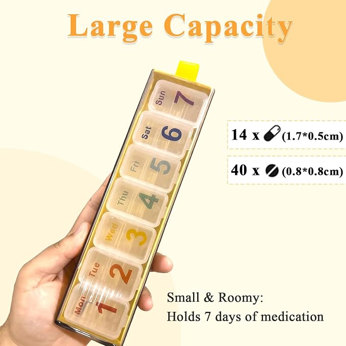 7 Days Travel Pill Dispenser Case, Weekly 7 Compartment Pill Box | Mini Portable Daily Medicine Pill Organizer, Every Day Dose, Senior-Friendly, for Vitamins, Supplements, Fish Oil (Yellow)