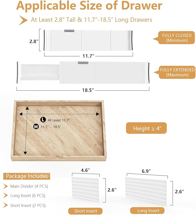KABUM Upgrade Adjustable Drawer Divider Organizer(2.8 * 11.7-18.5") | Expandable Organization for Home, Office,2.8" High Expandable from 11.7" to 18.5",4 Dividers with 6 Long and 2 Short Inserts