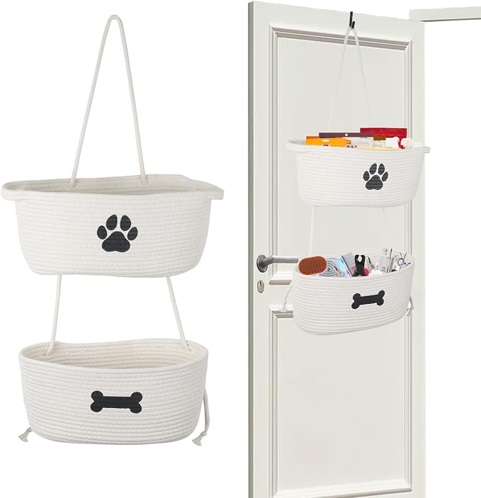 2-Tier Dog Baskets,Over Door Hanging Oganizer for Pet Stuff with Metal Hooks,Cotton Rope Wall-Mounted Storage Organizer for Dog Leash/Harness/Small Toys/Trash bag - Beige