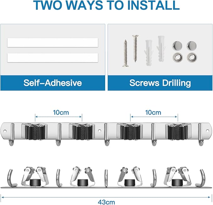 IMILLET 2 Pack Broom Holder Wall Mount Stainless Steel Mop Organizer | 4 Racks 5 Hooks Heavy Duty Garage Organization Storage,Broom and Mop Organizer Wall Hanging Self Adhesive for Laundry Room