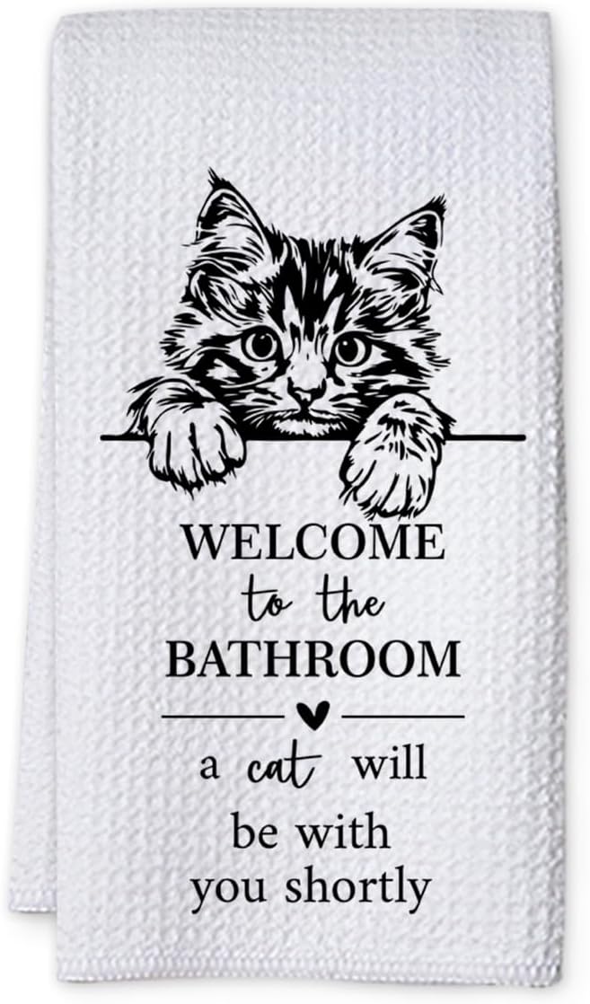 KIDEAR Funny Cat Bathroom Decor Welcome to The Bathroom Hand Towel,1 PCS Cute Cat Kitchen Towels for Toilet Wall Decorations,Cute Animal, Gifts for Women, Pet Owners Housewarming - A10
