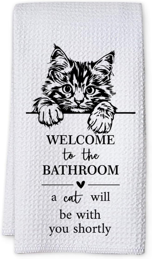 KIDEAR Funny Cat Bathroom Decor Welcome to The Bathroom Hand Towel,1 PCS Cute Cat Kitchen Towels for Toilet Wall Decorations,Cute Animal, Gifts for Women, Pet Owners Housewarming - A10