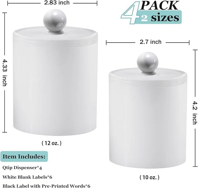 SheeChung 4 Pack Qtip Holder, White Acrylic Qtip Jars for Bathroom | (2) 10oz & (2) 12oz Shatterproof Qtip Holder Set-Bathroom Vanity Organizer for Cotton Swabs,Balls,Pads -Minimalist Decor