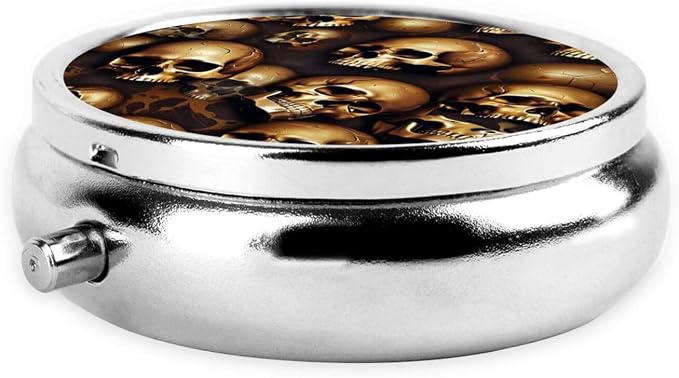 Purse Pill Case, Cool Skulls Head Mini Round Holder, Portable Organizer for Medicine, Travel Pill Box Pocket Carry for Seniors