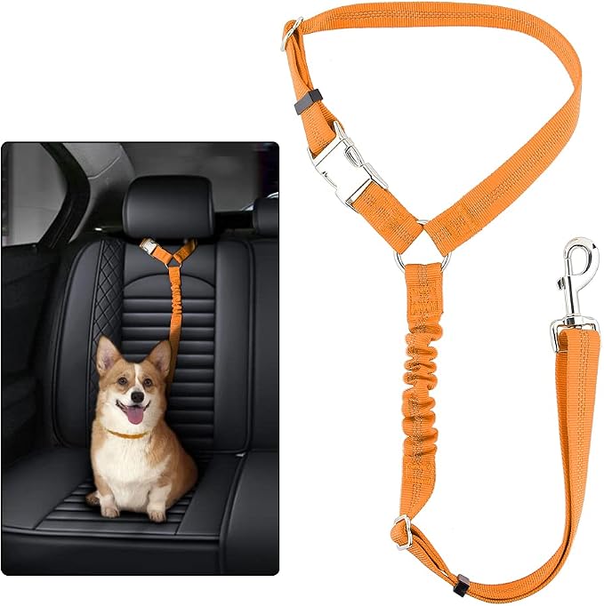 Plutus Pet Dog Seat Belt for Car Headrest, Reflective with Elastic Bungee | Adjustable Restraint for Safety, Vehicle Seatbelt Harness for Small Medium Large Dogs and Cats, Orange