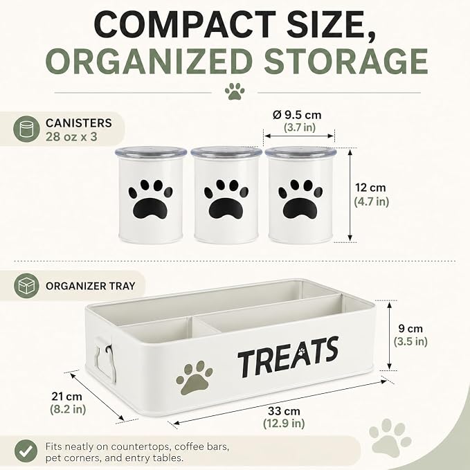 Dog Treat Organizer, 3 Pack 28 Oz Metal Dog Treat Containers with Airtight Lids, Dog Treat Jars and Canister Set for Countertop, Pet Food Treats Station for Dog Cat Biscuits, Kibble(White)