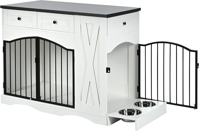 43.3" Farmhouse Dog Crate, Furniture Style Dog Cage with 3 Drawers, Removable Feeder and 2 Bowls, Wooden Heavy Duty Dogs Crates End Table for Medium Large Dogs, White+Black