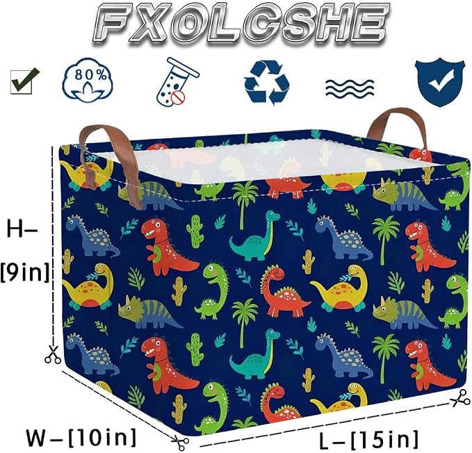 FXOLCSHE Halloween Dinosaur Basket for Kids,Nursery Hamper,Waterproof folding laundry basket,Dinosaur Gift Baskets Empty,Baby Laundry Hamper,Dinosaurs Room decor(Blue Dinosaurs)