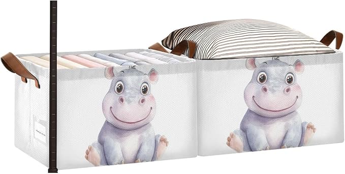 Cute Baby Hippopotamus Hippo Animal Storage Basket with Labels&Handles Rectangular Waterproof Nursery Storage Bins Collapsible Shelf Organizer Baskets for Kids Books Cloth Basket Toys Laundry, 2 PC