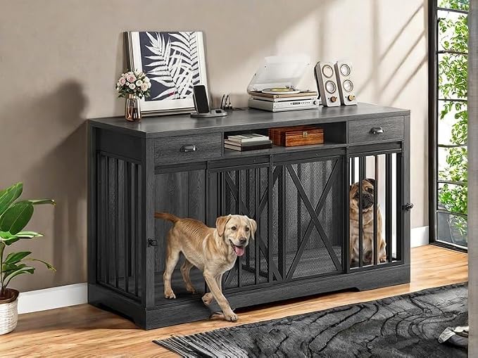 YITAHOME 63" Double Dog Crate TV Stand with Power Outlet for 2 Dogs | Heavy Duty Wooden Cage, Dog Kennel Indoor Furniture Double Sliding Barn Door Design Ideal for 2 Dogs, Dark Grey