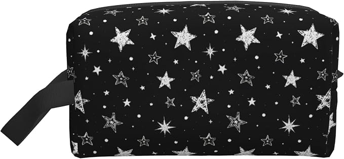 Cute Doodle Stars Makeup Bag for Women,Black Star Cosmetic Bag Travel Toiletry Pouch Aesthetic Zipper Organizer for Gym & Daily Use 10x6.2x4.9 Inch