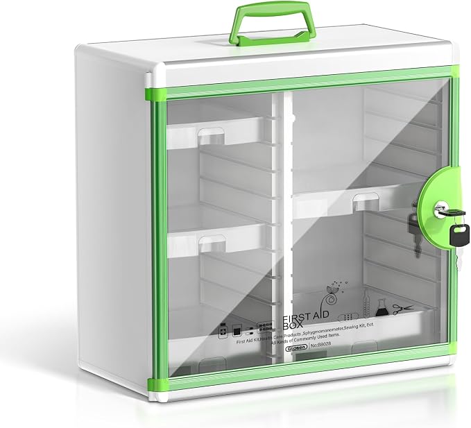 Lockable Medicine Cabinet with 5 Removable Trays, Wall Mounted & Portable Locking Medicine Cabinet Organizer with Key Lock for Home, Bathroom, Office - Aluminum Alloy Frame(13.6x13.4x6.5Inch)