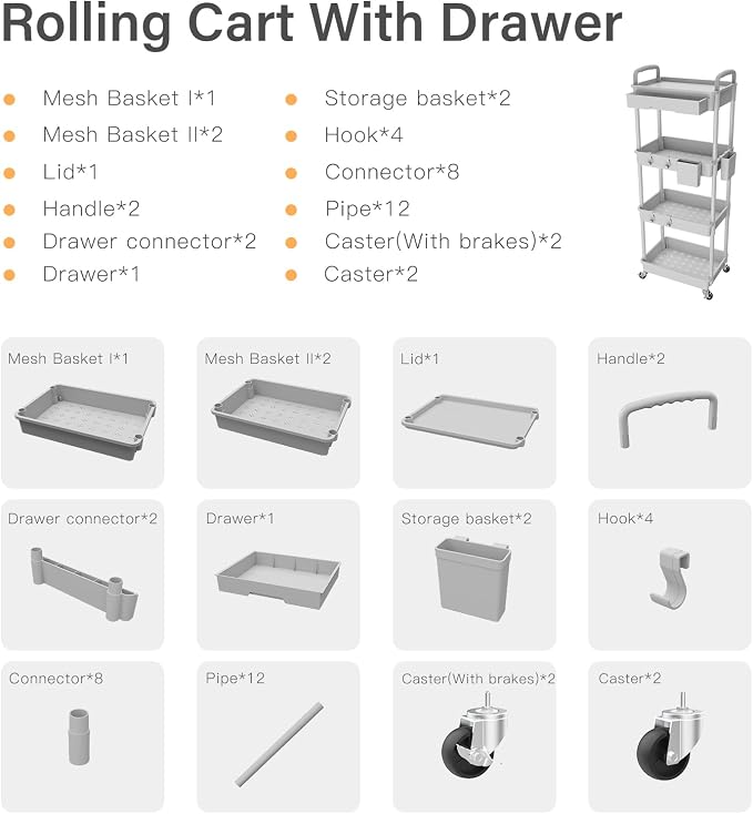 4 Tier Rolling Utility Cart with Drawer,REBECAT Utility Cart Made of Multifunctional Storage Organizer Tool for Kitchen,Bathroom,Living Room,Office(Gray)