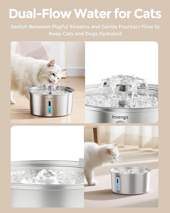 Invengo Cat Water Fountain Stainless Steel 3.2L/108oz, Automatic Pet Fountain for Cats & Dogs, Ultra Quiet <25 dB Pump, LED Water Level Window, Easy to Clean