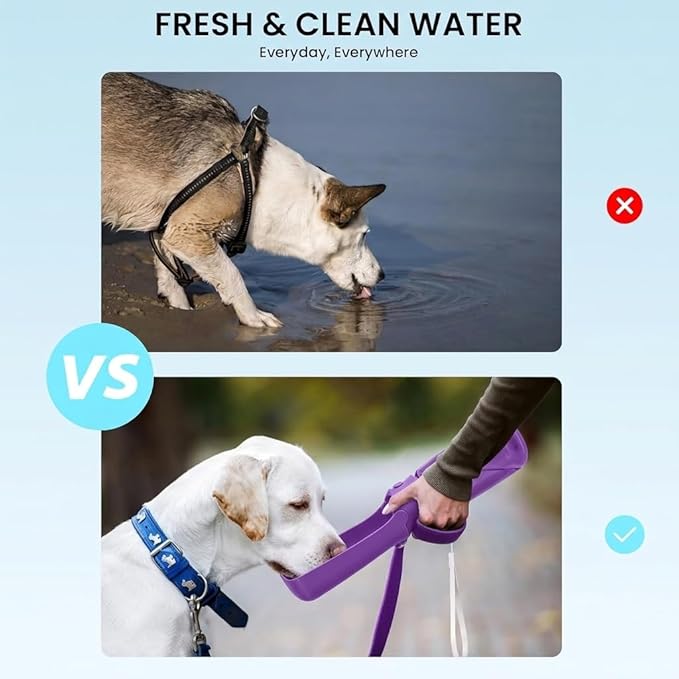 Portable Dog Water Bottle for Walking – 19oz / 12oz Foldable Pet Water Dispenser for Puppies, Medium & Large Dogs – Leak Proof Travel Water Bowl for Small Animals Dog Accessories(19OZ Purple)