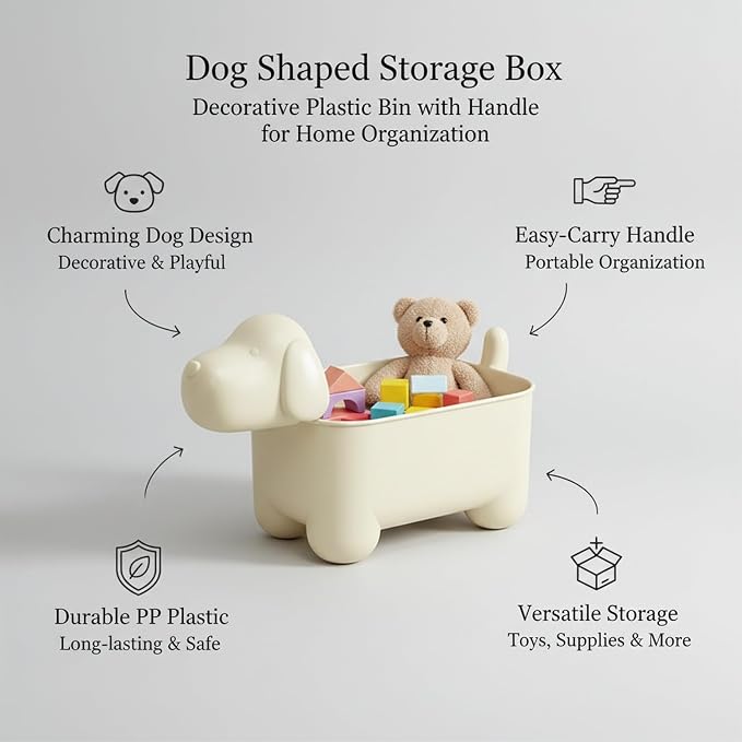 Dog Shaped Storage Bin with Lid and Handle, Decorative PP Plastic Organizer Box for Home, Office, and Craft Supplies
