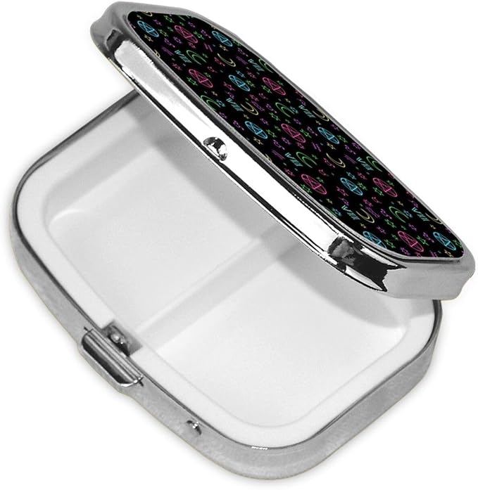 Metal Vitamin Case Tiny Pill Organizer Purse Clip-On Daily Supplement Container Gym Bag, Witch Magic Sun Moon Star Alchemical Cosmic Signs Witchcraft