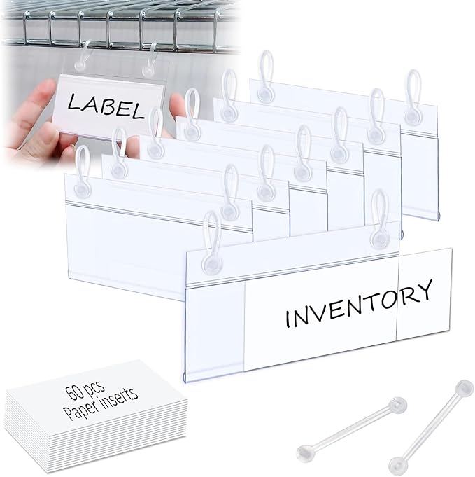 ChanQnTon Plastic Shelf Labels,3.94 * 1.57inch 60pcs Label Holders with 120pcs Snap Lock Hanging Loops and 60pcs Matched Paper Inserts for Wire Basket,Price Tags,Shelf Tags for Wire Shelving
