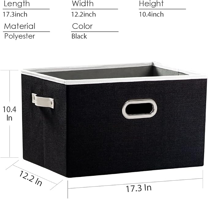 PRANDOM Larger Collapsible Storage Bins for Closet [3-pack] Decorative Linen Fabric Storage Baskets Cubes with Leather/Metal Handles for Living Room Black (17.3x12.2x10.4 Inch)