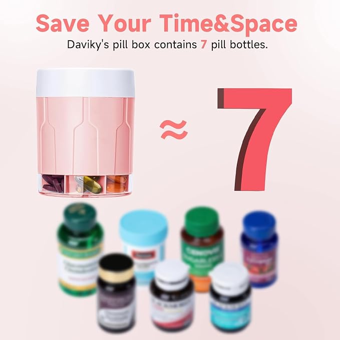 Daviky Pill Bottle Organizer, 7 Large Compartments, Travel Pill Dispenser | Seven large compartments organize daily pills, vitamins and supplements, with dual lids for convenient storage and travel