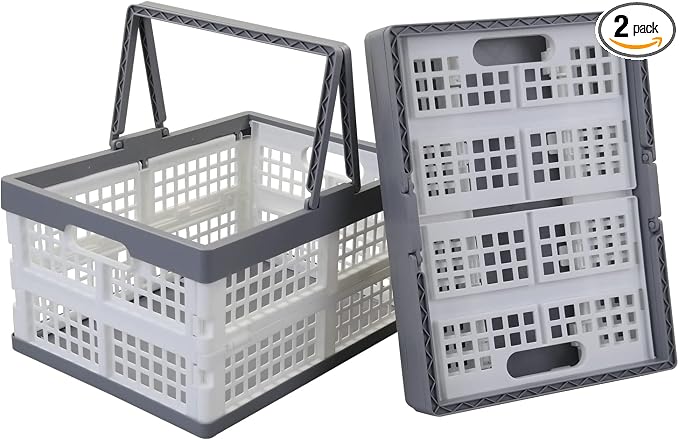 Teyyvn 2-Pack Collapsible Crate with Handle, Grocery Shopping Baskets | Collapsible Stackable Grocery Crates with Handles, lightweight for supermarket shopping, car storage, garage organization