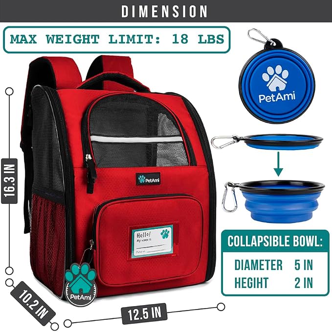 PetAmi Dog Backpack Carrier Airline Approved Cat Pet Puppy Bag, Red | Ideal for Small Medium Large Pet up to 18 lb, 2 Side Entry Structured No-Collapse Frame, Ventilated Bookbag for Hiking Travel