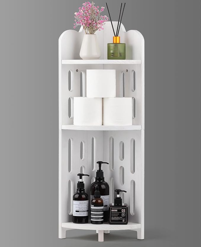 Meangood Bathroom Corner Shelf Stand, 3 Tier Solid Wood Display Shelf for Narrow Space, Shower Corner Shelf, Plant Stand Nightstand, for Living Room, Bedroom, Home Office, Elegant White