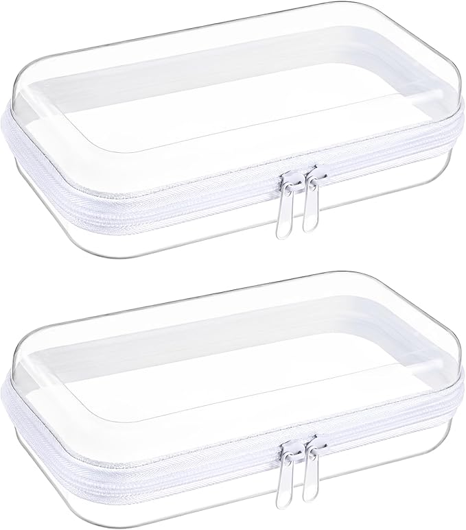 2 Pcs Clear Hard Shell Zipper Pouch, 7.9 x 4.7 x 2.0 in Small Clear Makeup Bags with Zipper, PET Rigid Makeup Organizer Storage Bag for Travel Toiletries and Stationery