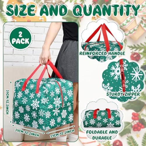 Kajaia 2 Pcs Christmas Ornament Storage 12 x 12 x 12 Inch Snowflake Holiday Accessories Bag Christmas Storage Containers Tear Proof Xmas Ornament Organizer with Handles Full Length Zipper (Green)