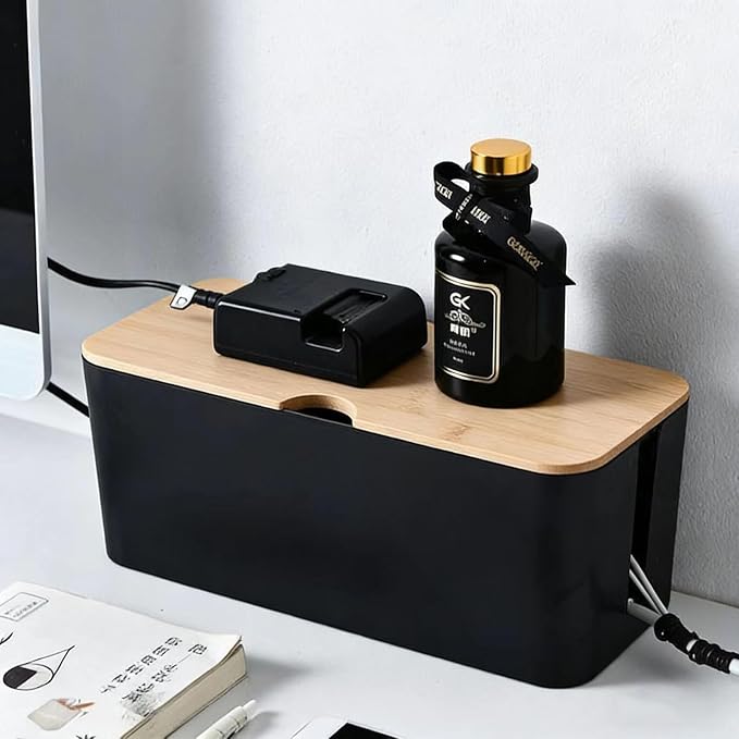 Cable Management Box Wire Organizer for Power Strip Hiding | Bamboo Lid,Large Dual-side Opening Design,Kid & Pet Friendly,for Office,Desks, TV Areas,Floor Corners,Black