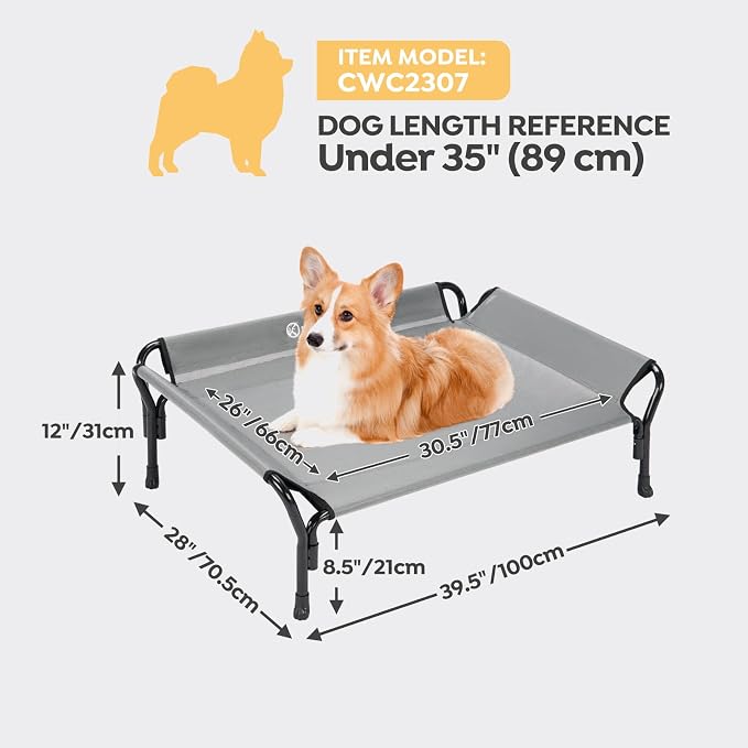 Veehoo Cooling Elevated Dog Bed, Raised Dog Cot with Guardrail & Headrest | Washable Dog Couch Bed for Indoor & Outdoor, Durable Breathable Teslin Mesh, Non-Slip Feet, Medium, 39.5" x 28", Grey
