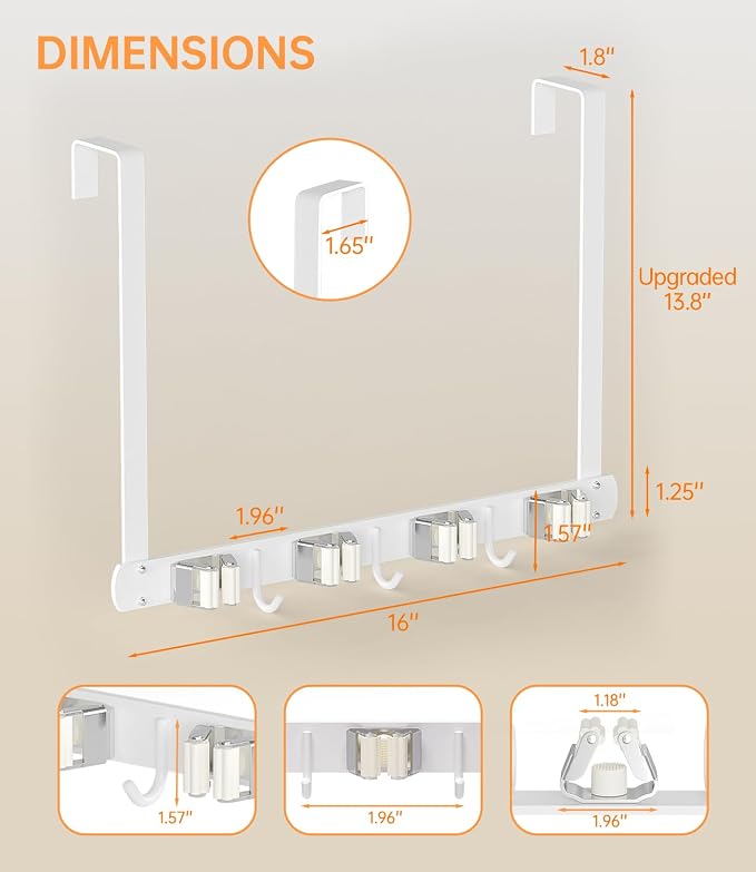 Broom Holder Over The Door with Hooks -304 Stainless Steel (White) | Save Space, Anti-Rust & Sturdy, Mop and Broom Holder Wall Mounted or Hanging Over The Door, for Garage Laundry Kitchen