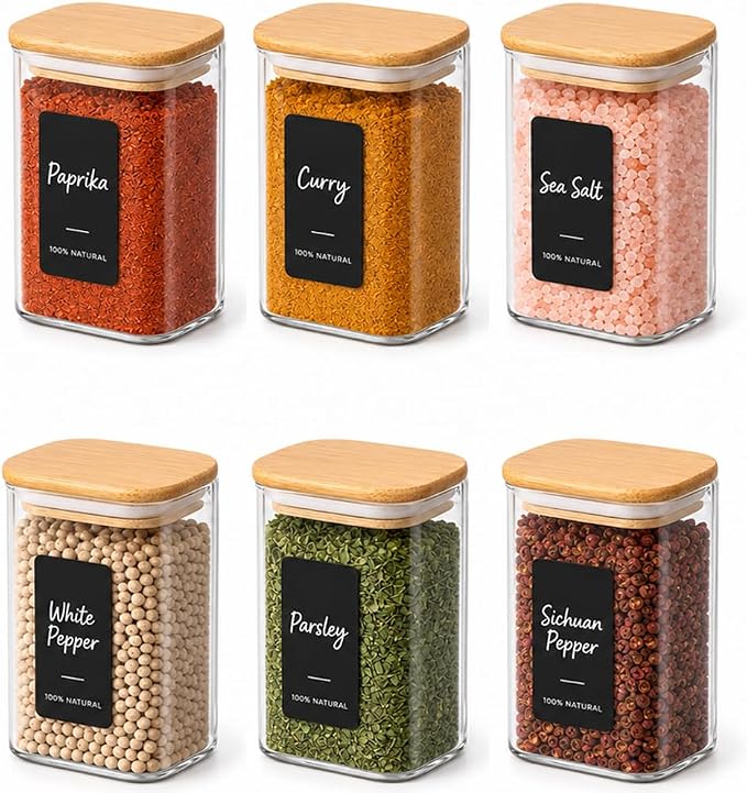 ComSaf Glass Spice Jars 8oz Set of 6, Seasoning Containers with 9 Labels | Small Glass Jars with Labels, Empty Rectangle Canisters, Spice Rack Organization, Loose Tea, Herb, Powder, Dry Good, BPA Free