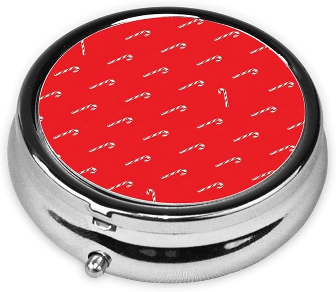 Round Pill Container, 3-Compartment Mini Organizer, Sturdy Metal Case for Medicine, Travel Pill Holder Purse Pocket Essential, Candy Cane Christmas Red