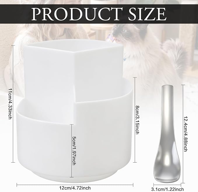 Lickable Cat Treat Organizer Lazy Susan Plastic Squeeze up Cat Food Storage Container with Spoon and 3 Compartments for Pantry Cabinet Kitchen Countertop Vanity, 4.3 x 4.7 Inch(White Layered)