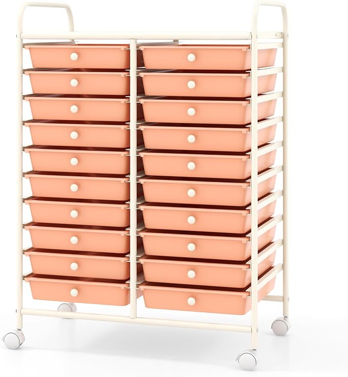 20 Drawer Rolling Storage Cart, Art Cart Organizer with Wheels for Makeup, Tool, Paper, Multipurpose Craft Storage Cart with Drawers for Office, Home, Classroom, School (Peach)