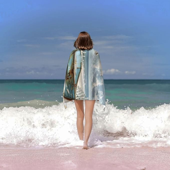 Coastal Boat Beach Towel 31inx51in, Rustic Sand-Free Microfiber Bath Towel Ultra Soft Quick Dry Pool Towel Absorbent Towel Lightweight Towel for Swimming Bathroom Decor