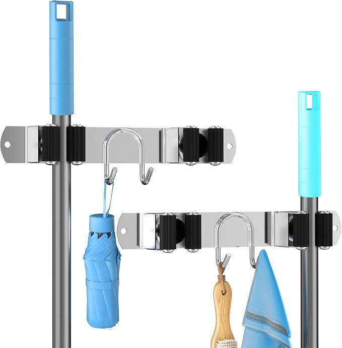 Broom Holder Wall Mount, 2-Pack Stainless Steel Mop and Broom Organizer, Broom Hanger with 2 Slots 2 Hooks for Home Kitchen, Garage, Garden and Laundry Room, Silver
