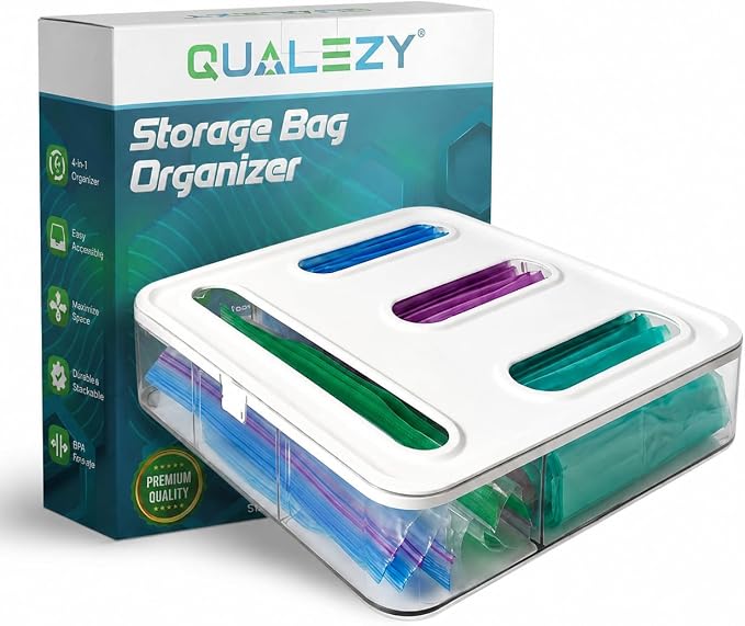 Food Storage Bag Organizer – 4-in-1 Plastic Baggie Organizer for Drawer | Fits Sandwich, Snack, Gallon, Quart & Slider Bags | Kitchen Storage Organizer | Wall & Drawer Mount
