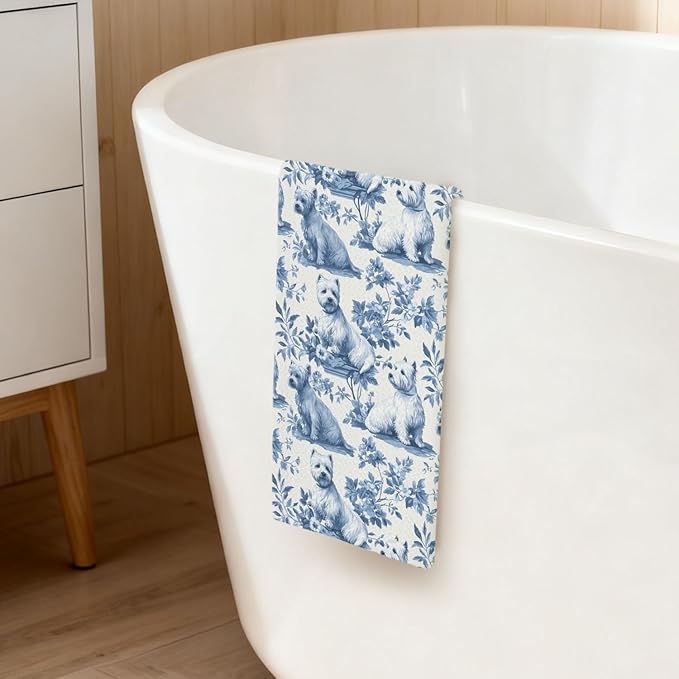 Westie Kitchen Dish Towels,Blue and White Floral Dog Towel Dish Tea Towels, Chinoiserie Decor for Kitchen Bathroom,Westie Gifts for Dog Lover Mom Dad,16x24 Inch