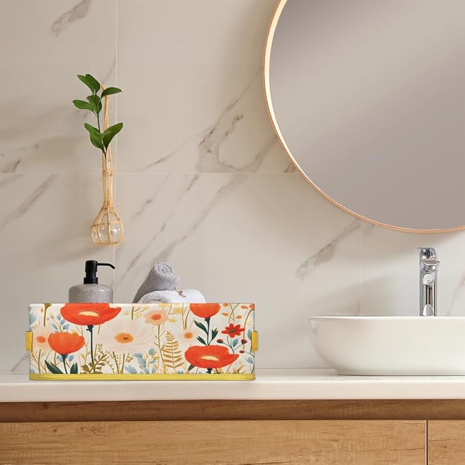 Spring Flowering Plants Bathroom Storage Basket, Foldable with Handle Open Countertop Paper Towel Decorative Box, Toilet Tank Top Shelf Baskets for Home Closet Bedroom Living Room Office