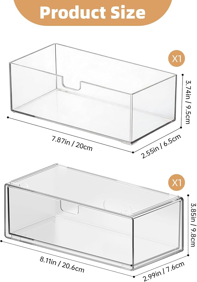 Stackable Medicine Cabinet Makeup Organizer for Bathroom, 2 Pack | Top-Opening and Drawer Design, Clear Access, Dustproof, Non-Slip & Place Stably, Holds Lipstick & Cotton Swab